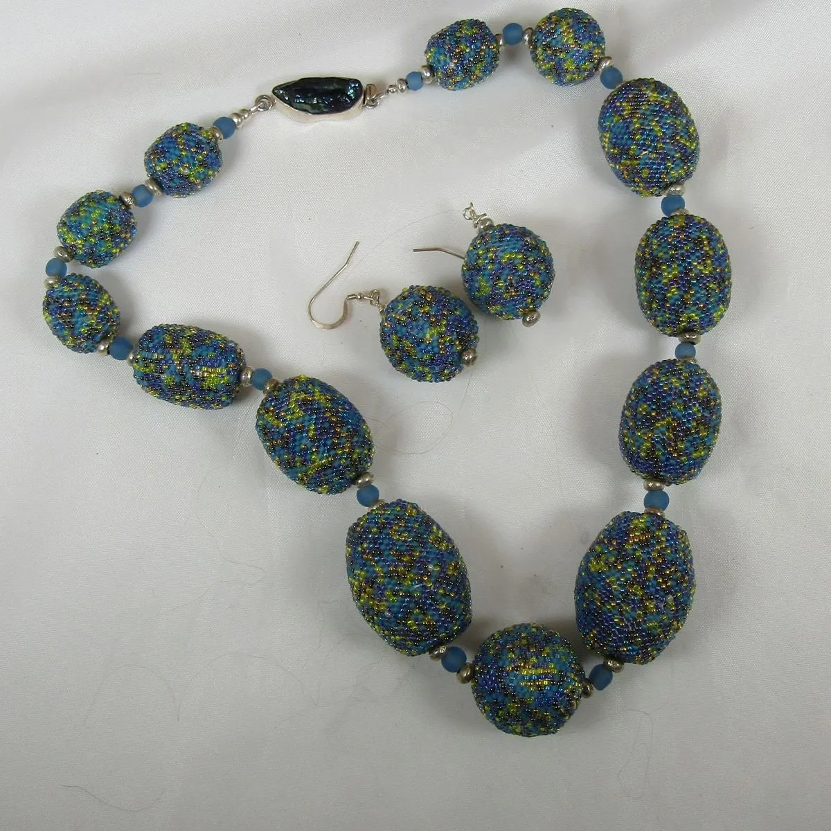 Handmade Beaded Bead Statement Necklace & Earring in Blue