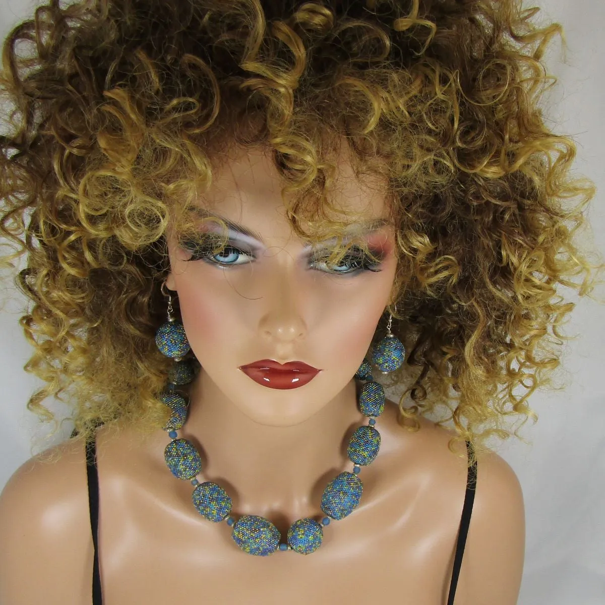 Handmade Beaded Bead Statement Necklace & Earring in Blue