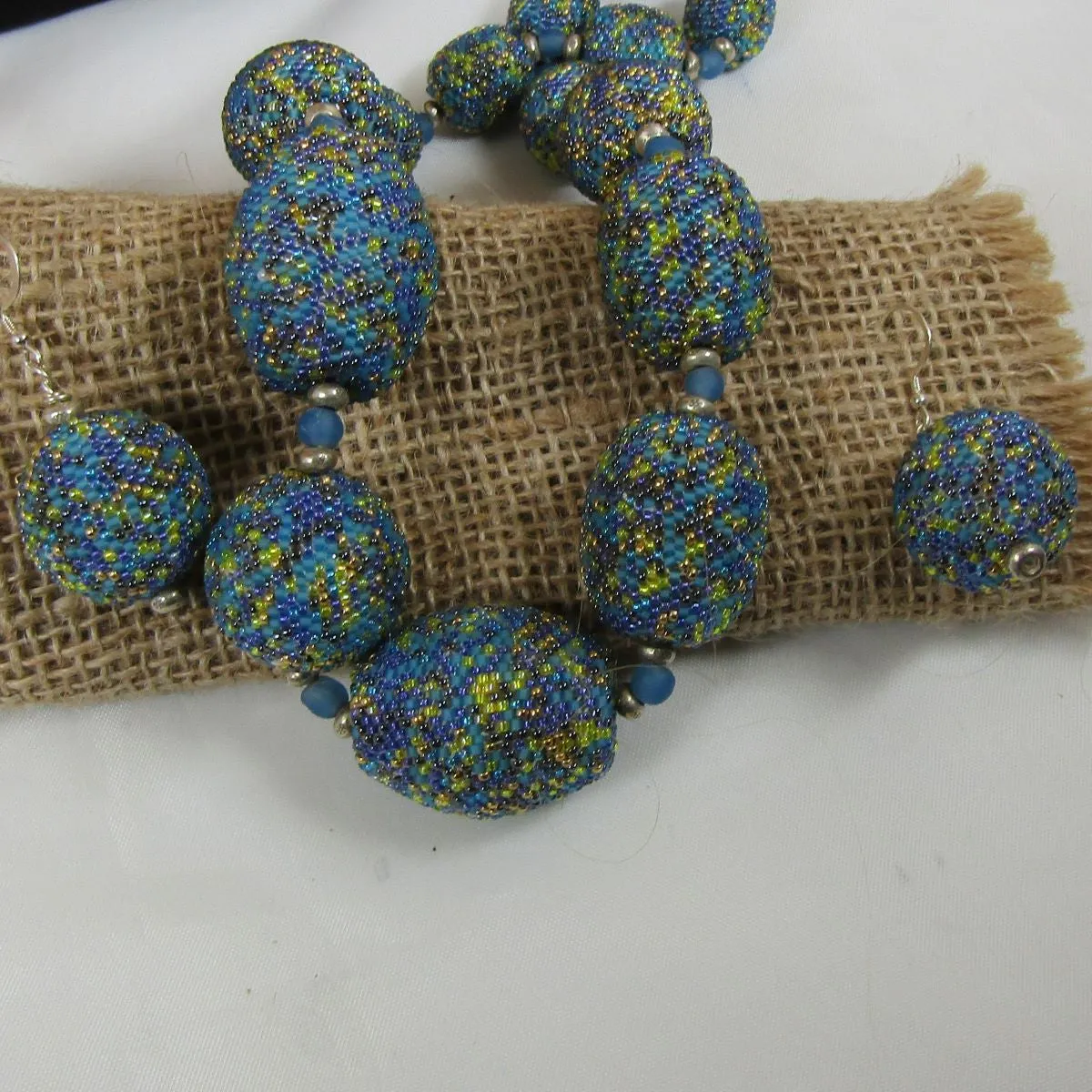 Handmade Beaded Bead Statement Necklace & Earring in Blue