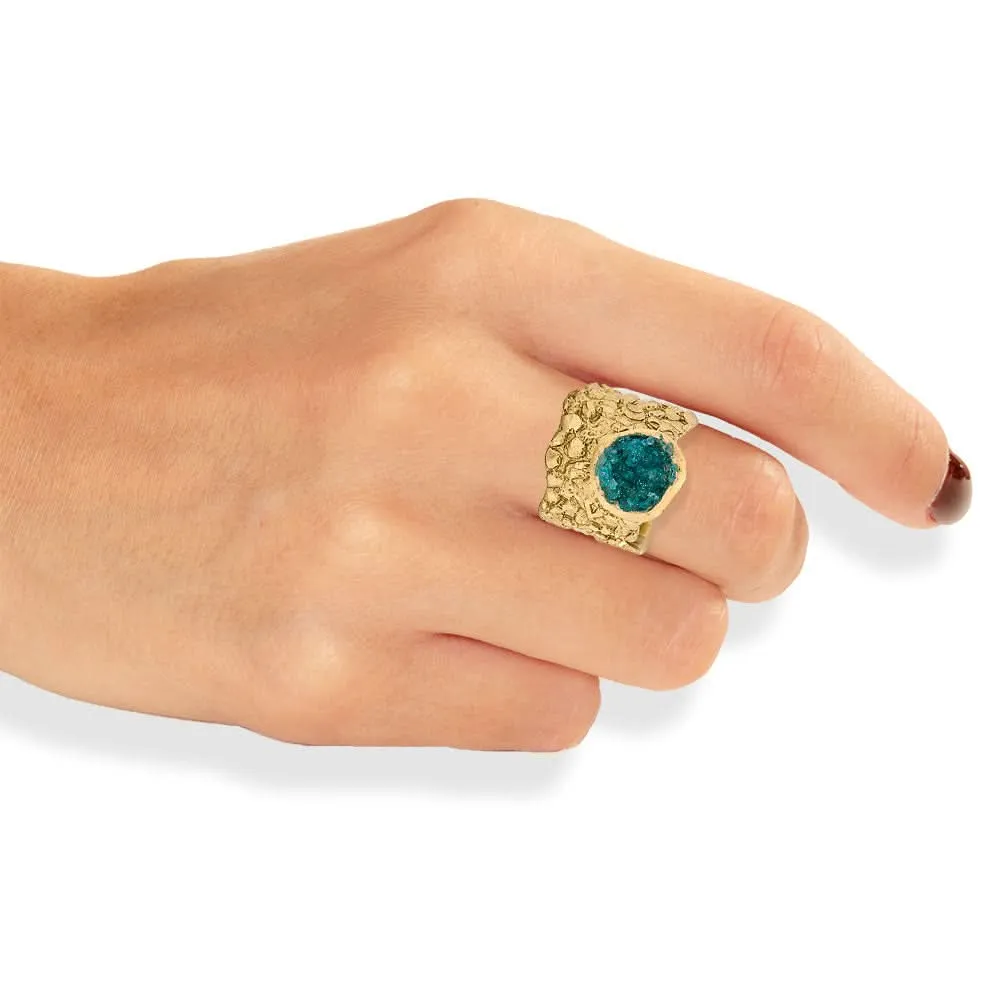 Handmade Gold Plated Ring Diamond Curved With Turquoise Crystals