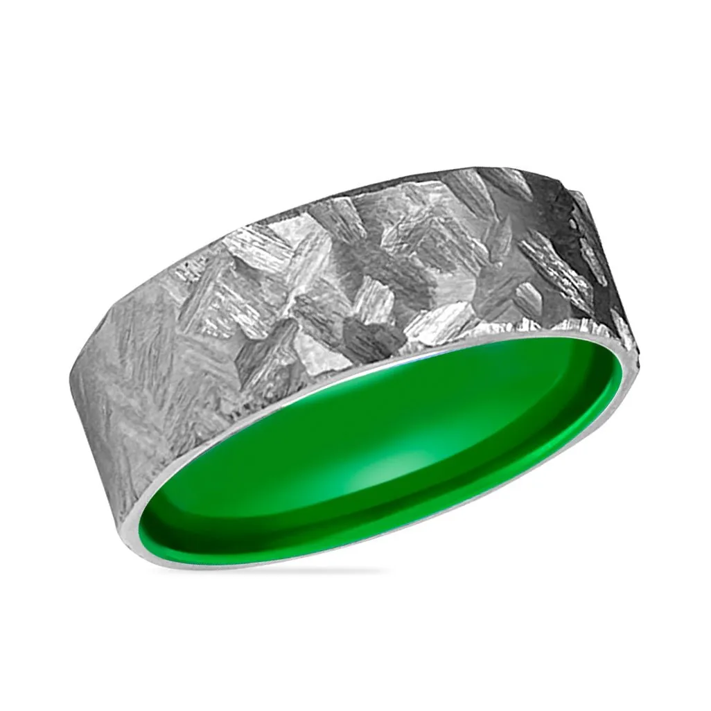 HORNET | Green Ring, Silver Titanium Ring, Hammered, Flat