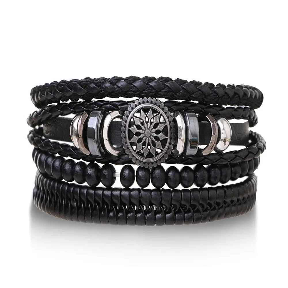 IFMIA Vintage Black Bead Bracelets For Men Fashion Hollow Triangle Leather Bracelet & Bangles Multilayer Wide Wrap Jewelry 2020