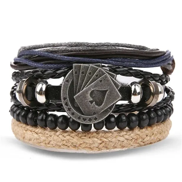 IFMIA Vintage Black Bead Bracelets For Men Fashion Hollow Triangle Leather Bracelet & Bangles Multilayer Wide Wrap Jewelry 2020