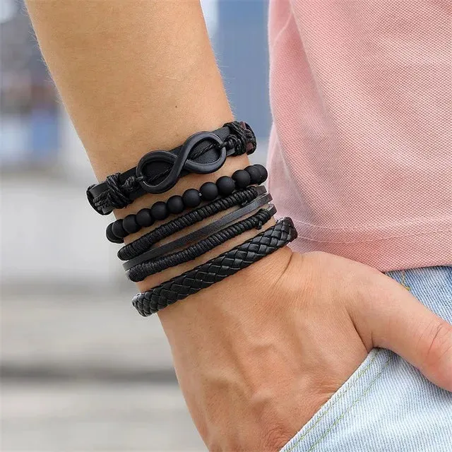 IFMIA Vintage Black Bead Bracelets For Men Fashion Hollow Triangle Leather Bracelet & Bangles Multilayer Wide Wrap Jewelry 2020