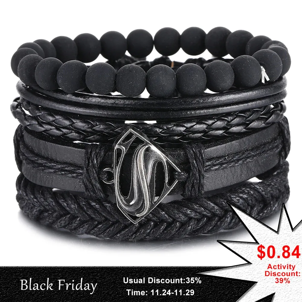 IFMIA Vintage Black Bead Bracelets For Men Fashion Hollow Triangle Leather Bracelet & Bangles Multilayer Wide Wrap Jewelry 2020