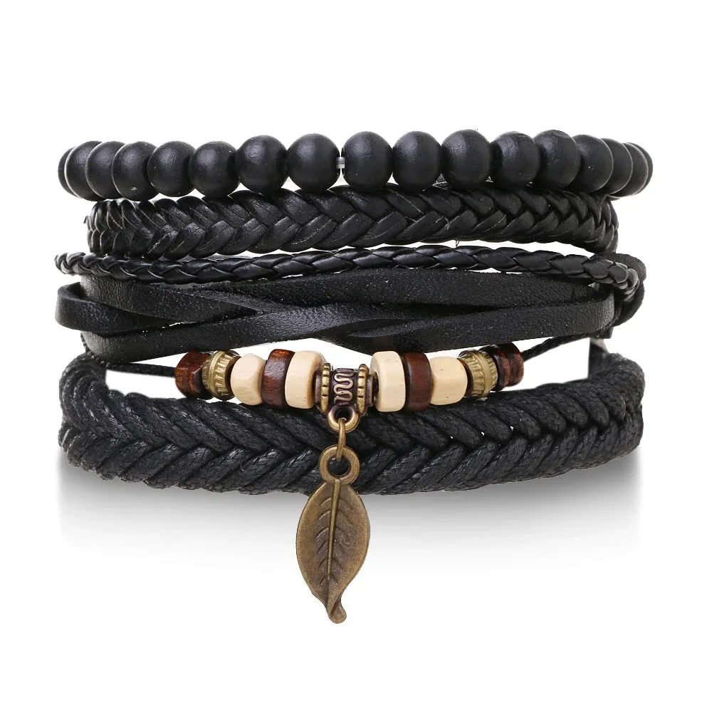 IFMIA Vintage Black Bead Bracelets For Men Fashion Hollow Triangle Leather Bracelet & Bangles Multilayer Wide Wrap Jewelry 2020