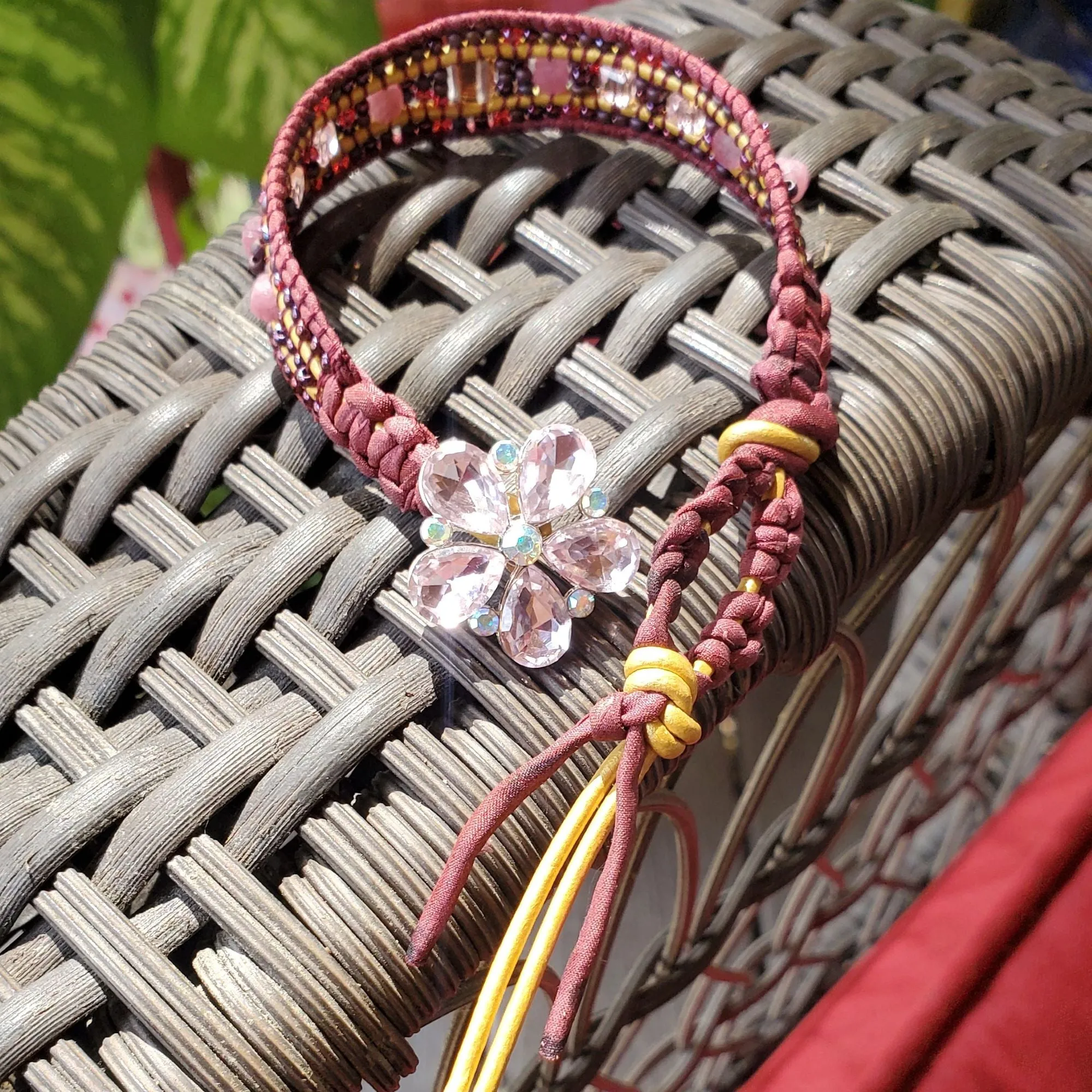 Intricate Silk and Leather Bead Woven Crystal Glam Gemstone Bracelets