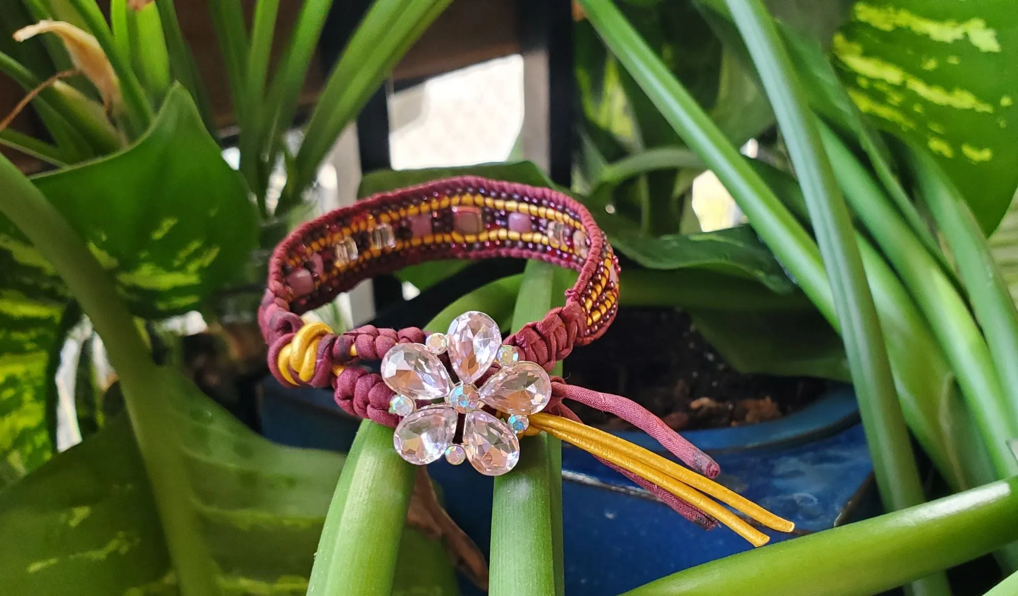 Intricate Silk and Leather Bead Woven Crystal Glam Gemstone Bracelets