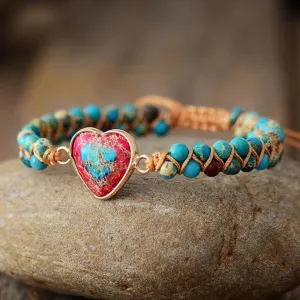 Jasper Heart Charm Braided Bracelet - azure