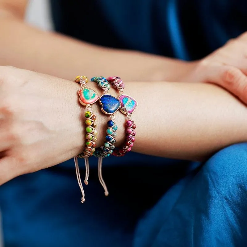 Jasper Heart Charm Braided Bracelet - colourful