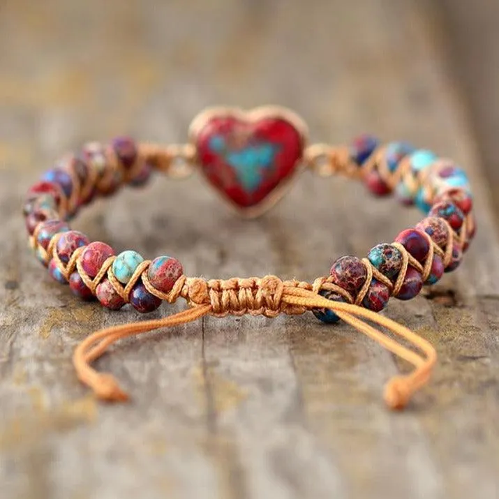 Jasper Heart Charm Braided Bracelet - orange