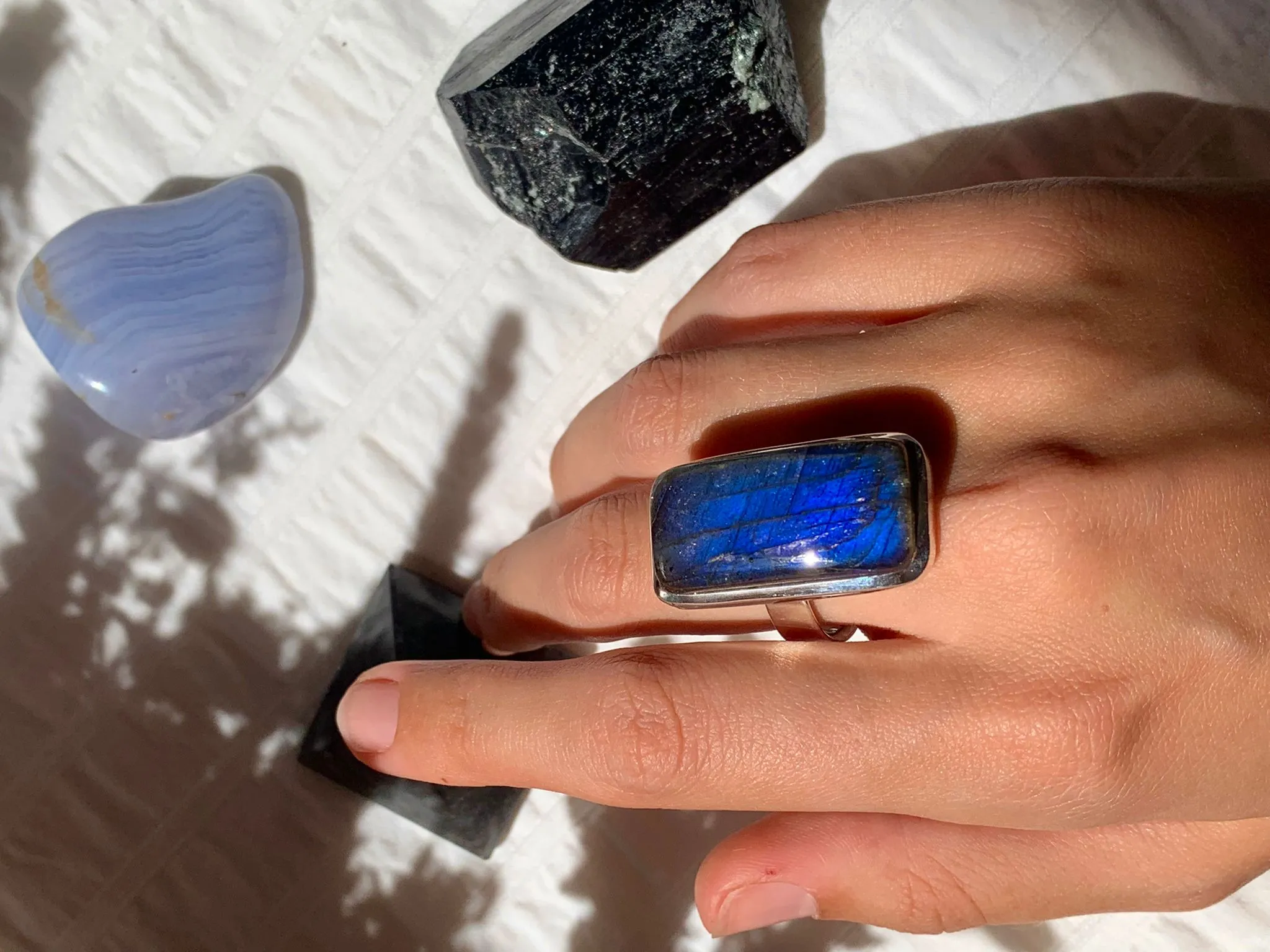 Labradorite Adjustable Ring - Skinny Rectangle