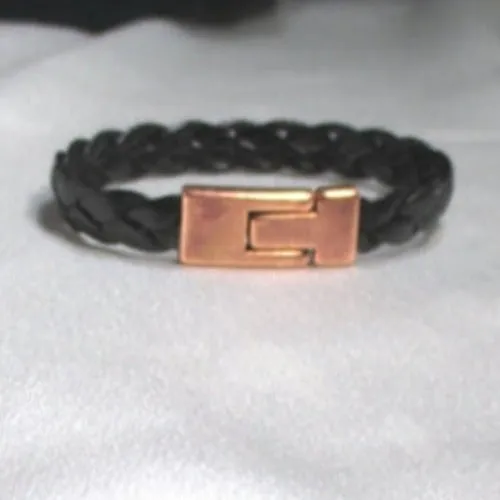 Leather Bracelet Copper Clasp  Black