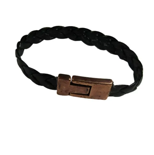 Leather Bracelet Copper Clasp  Black