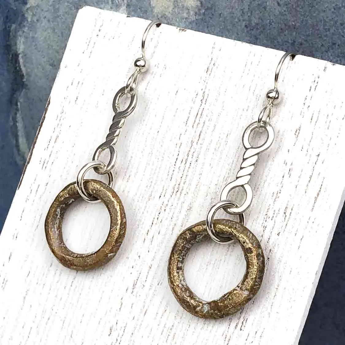 Light Thick Bronze Celtic Ring Money Earrings with Twist Charms | Artifact #6584