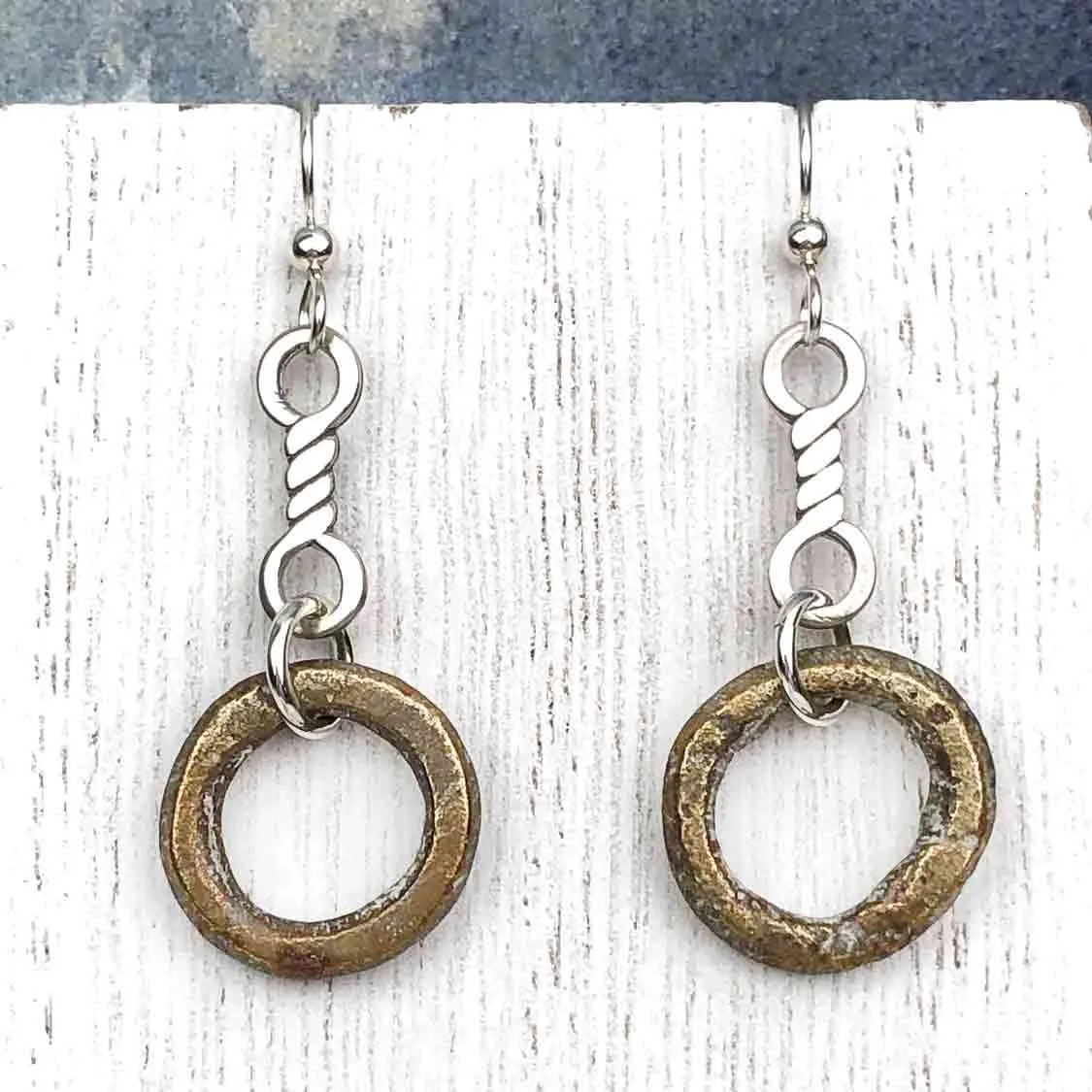 Light Thick Bronze Celtic Ring Money Earrings with Twist Charms | Artifact #6584