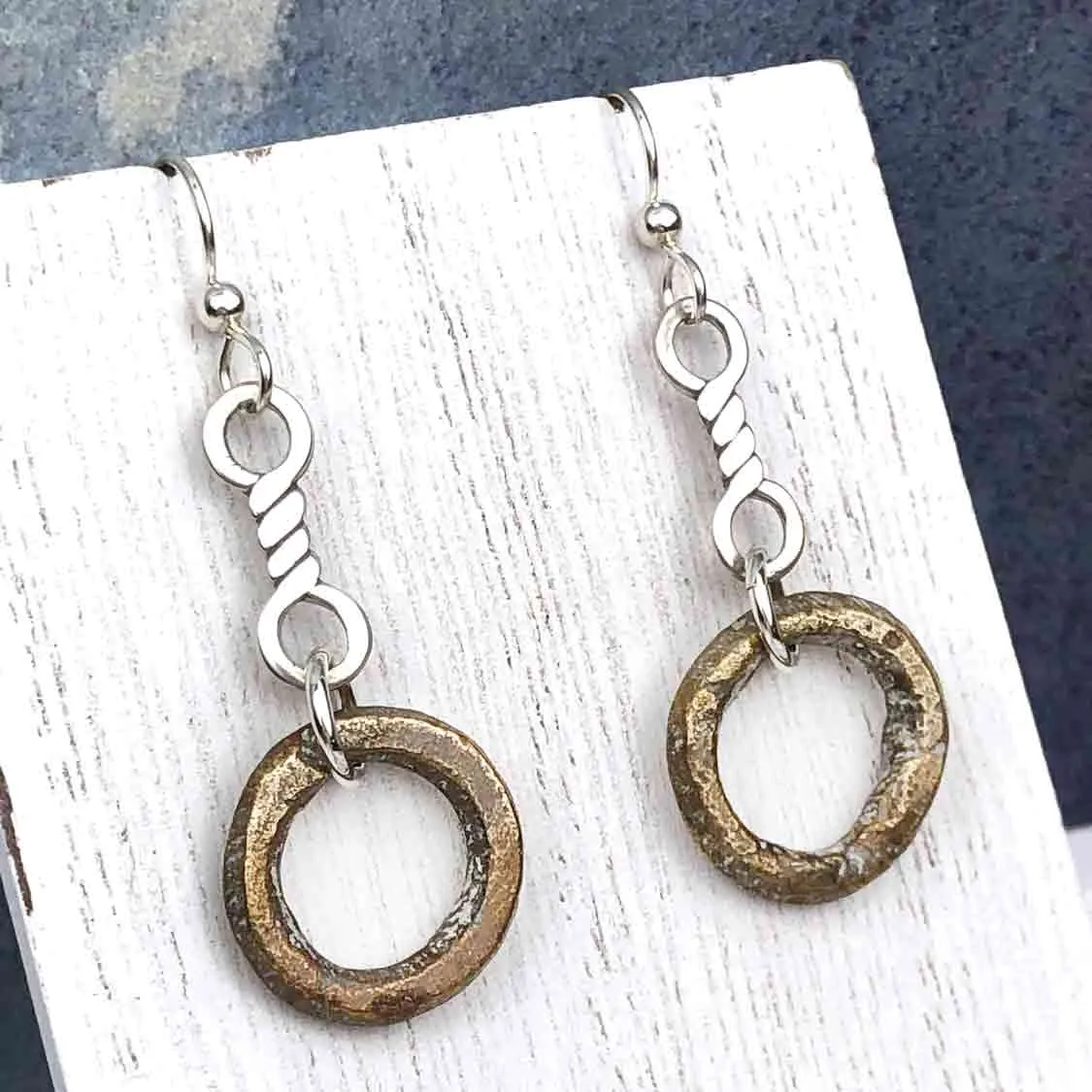 Light Thick Bronze Celtic Ring Money Earrings with Twist Charms | Artifact #6584