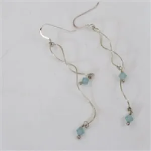 Long Dangling Earrings Sterling Silver and Aqua Crystal