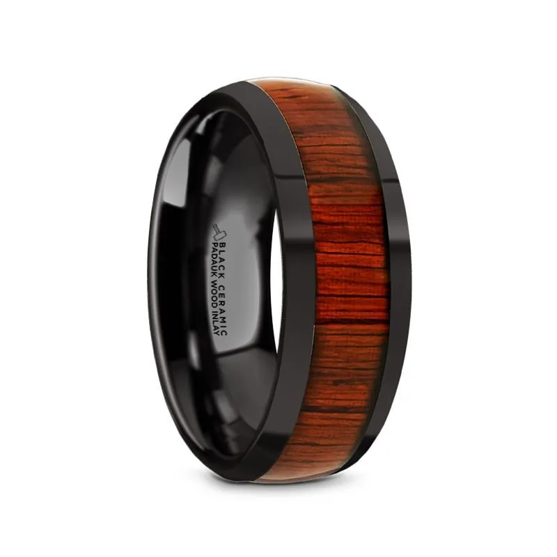 MANE | Black Ceramic Ring, Padauk Wood Inlay, Domed