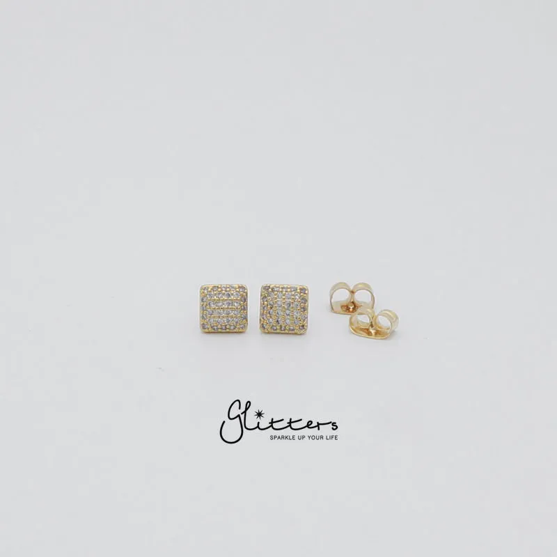 Micro Cubic Zirconia Paved Square Stud Earrings with Sterling Silver Post