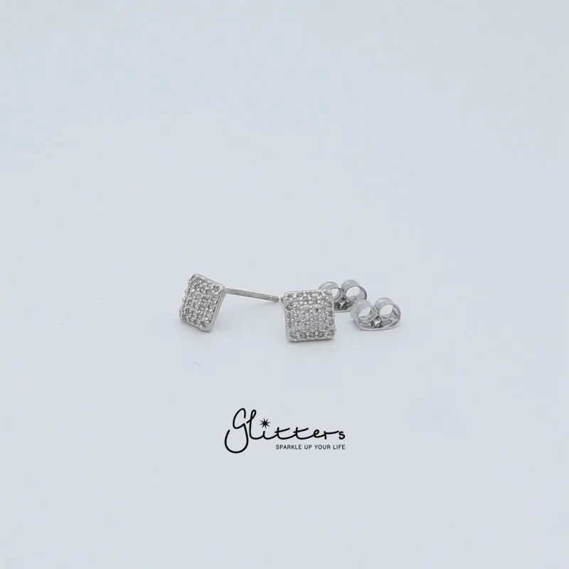 Micro Cubic Zirconia Paved Square Stud Earrings with Sterling Silver Post