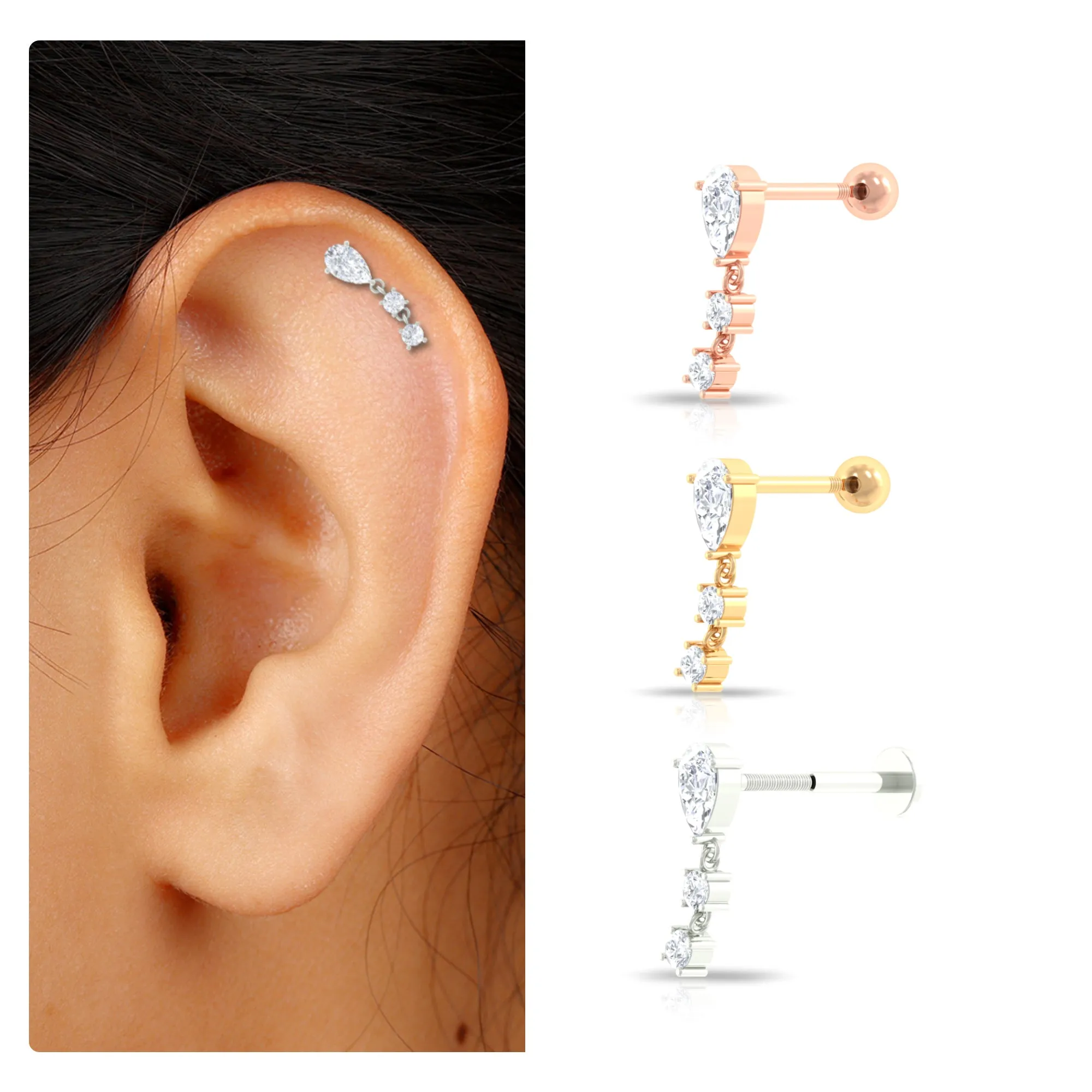 Minimal Diamond Dangle Earring for Helix Piercing