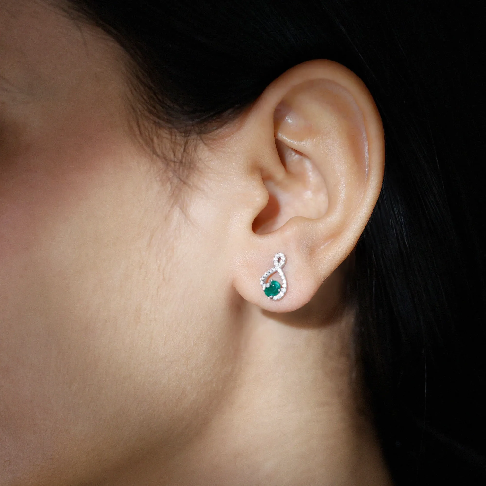 Minimal Emerald and Diamond Infinity Stud Earrings