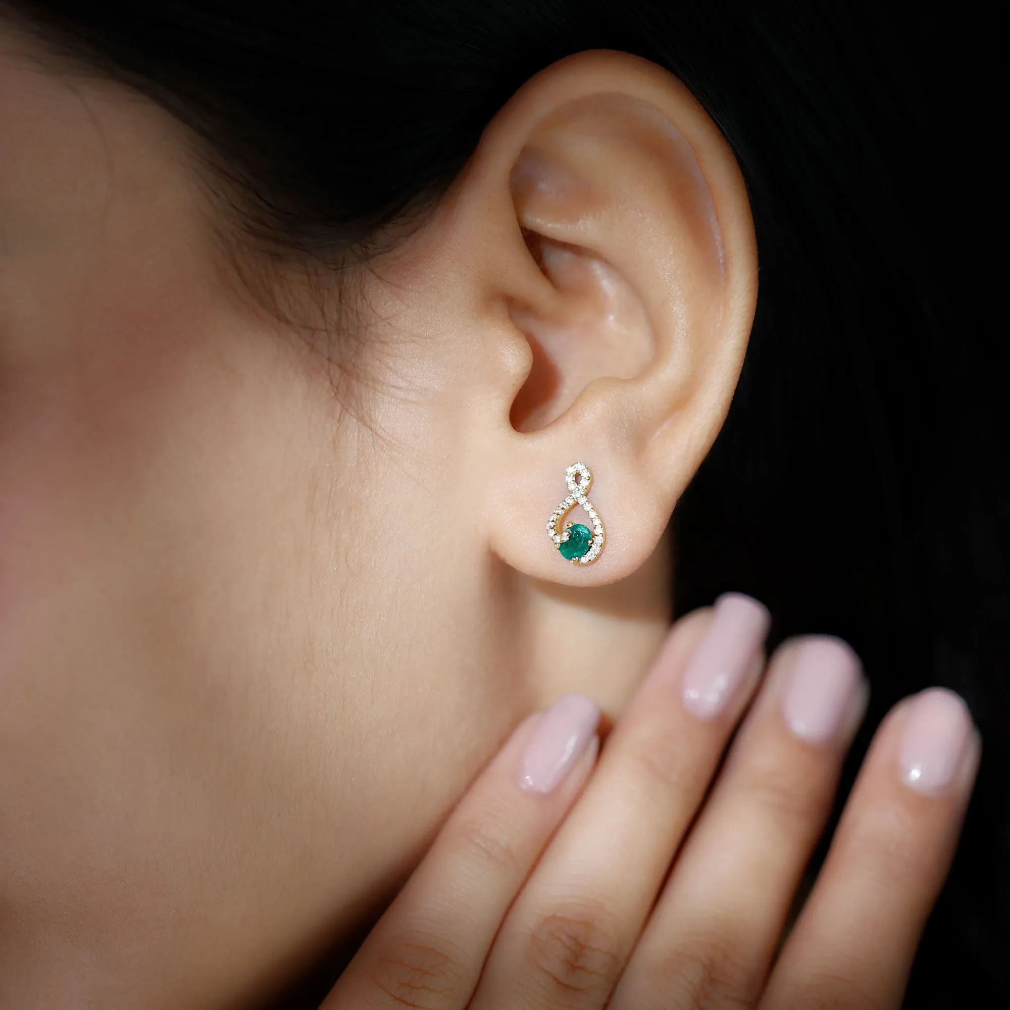 Minimal Emerald and Diamond Infinity Stud Earrings