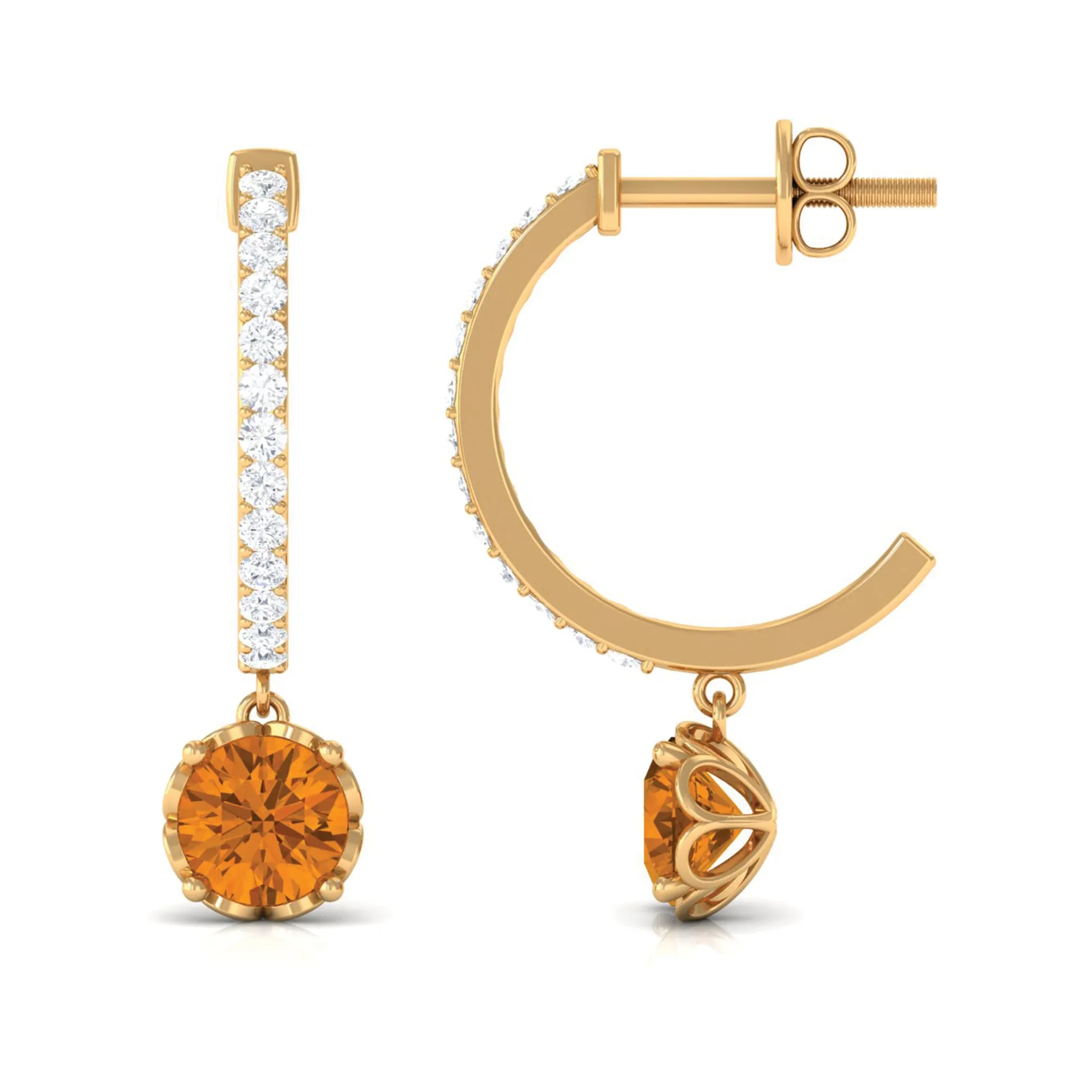 Minimal Round Citrine Hoop Drop Earrings with Diamond