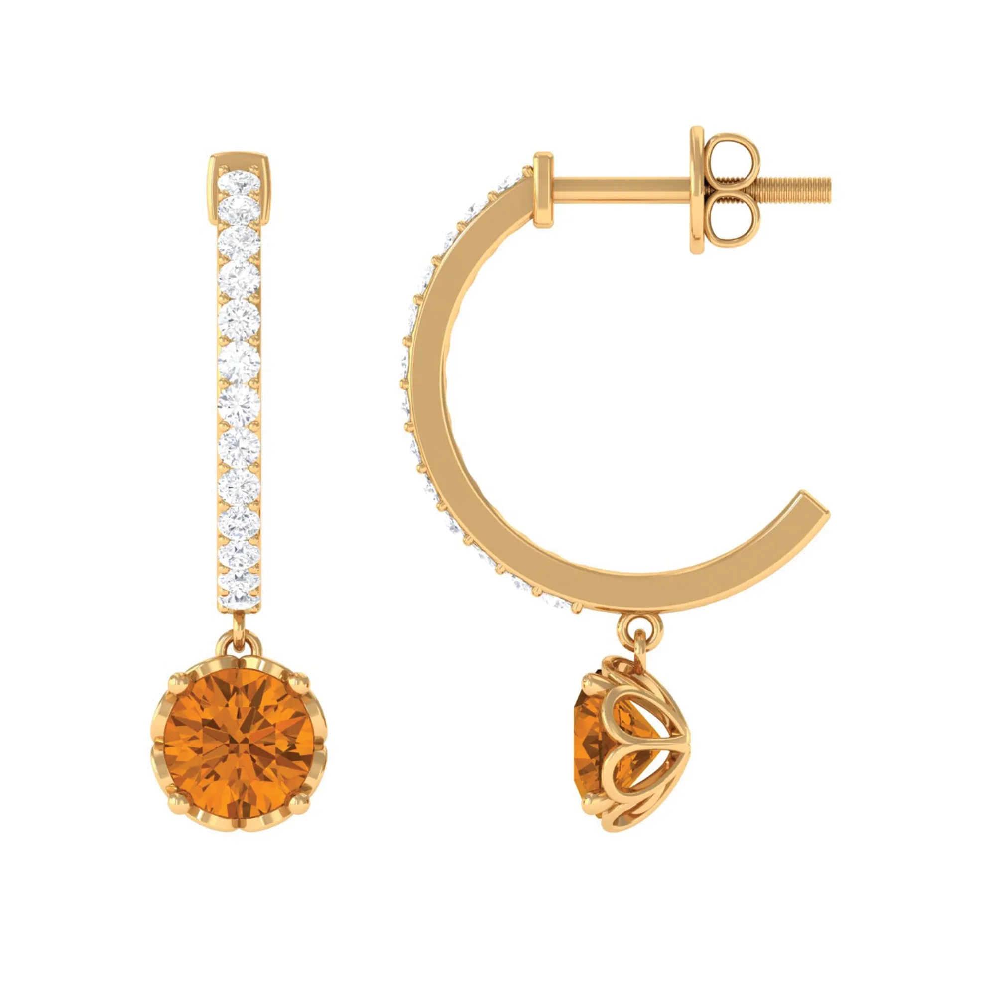 Minimal Round Citrine Hoop Drop Earrings with Diamond