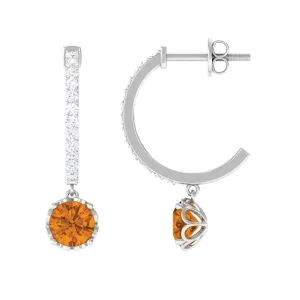 Minimal Round Citrine Hoop Drop Earrings with Diamond