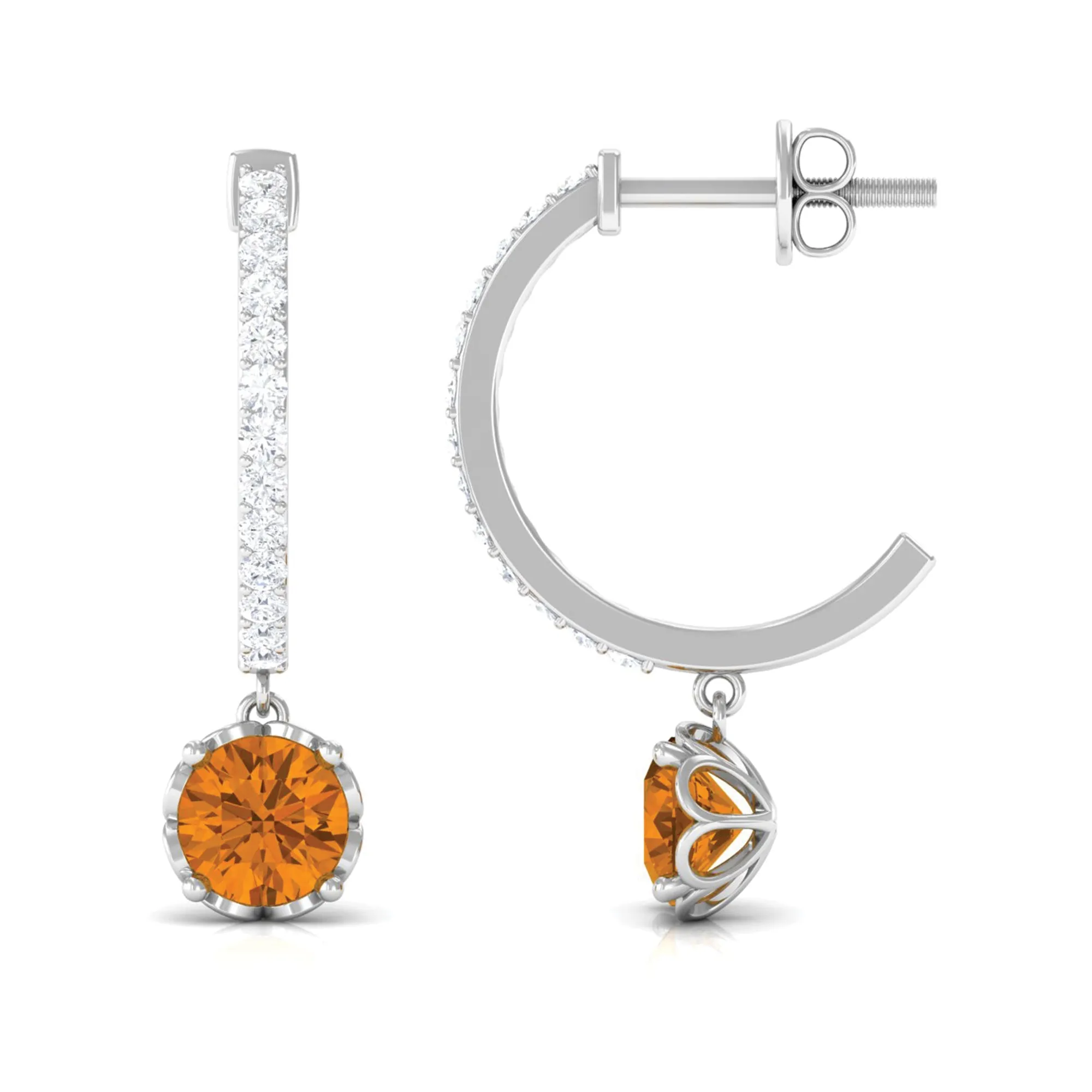 Minimal Round Citrine Hoop Drop Earrings with Diamond