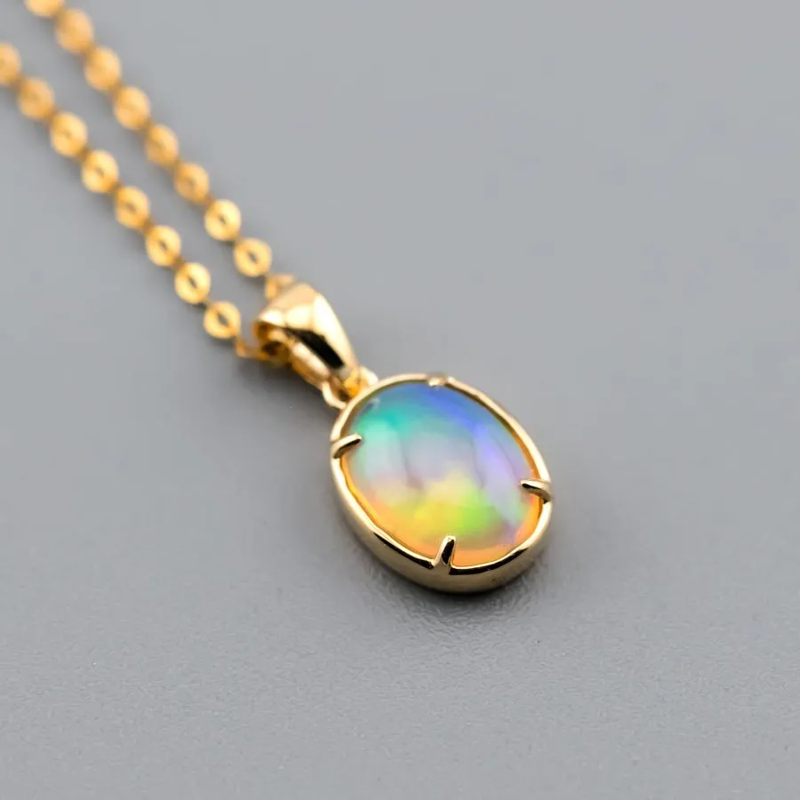 Minimal Style Oval Ethiopian Opal Pendant Necklace 18k Yellow Gold