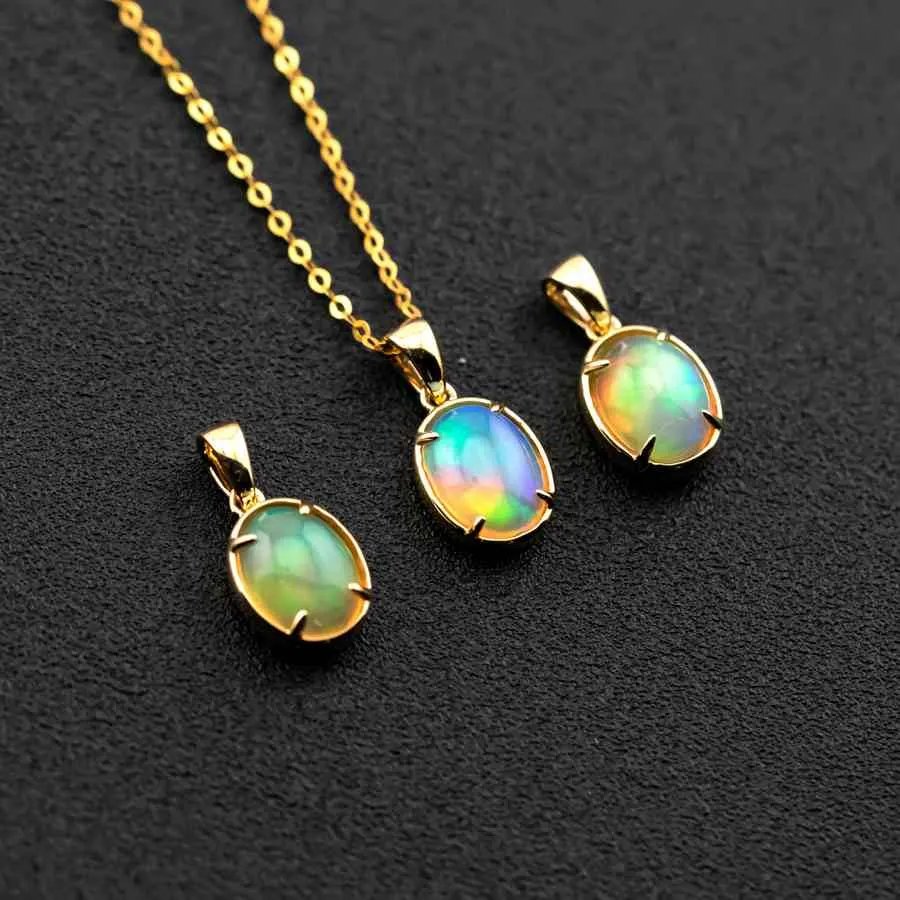 Minimal Style Oval Ethiopian Opal Pendant Necklace 18k Yellow Gold