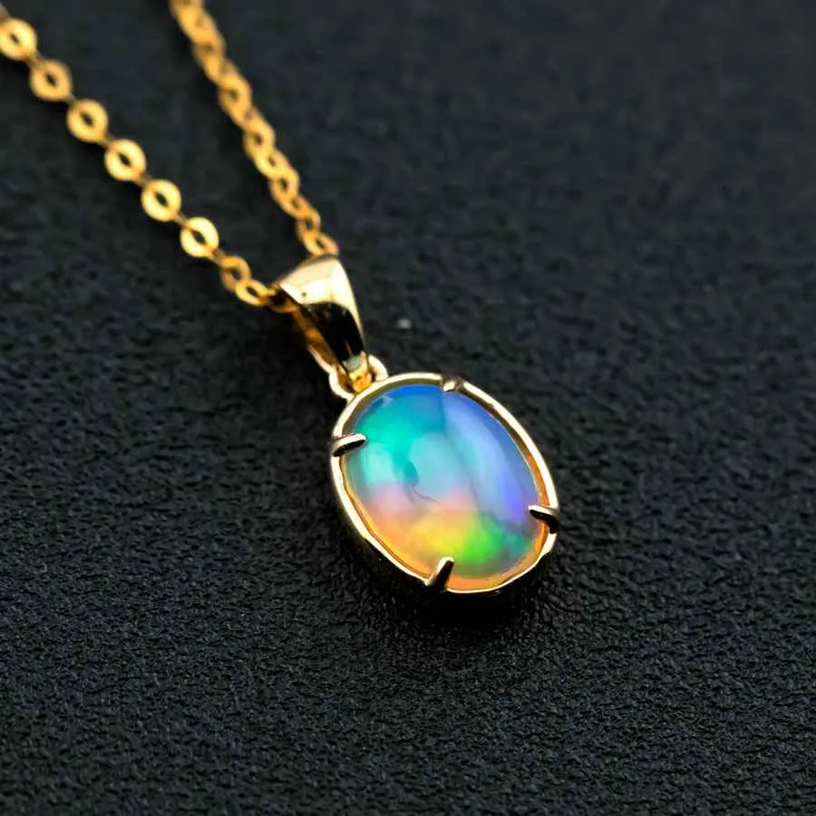 Minimal Style Oval Ethiopian Opal Pendant Necklace 18k Yellow Gold