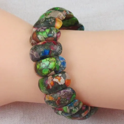 Mixed Impression Jasper Gemstone Stretch Cuff Bracelet