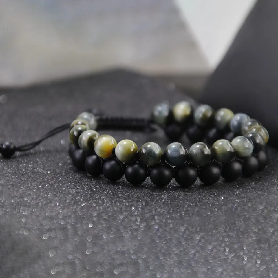 Natural Gemstone Double Bracelet for Men Black Onyx & Tiger Eye