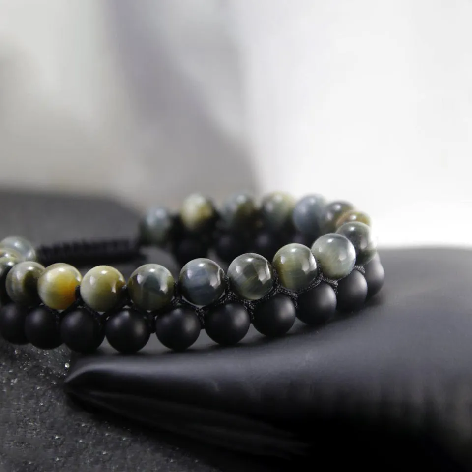 Natural Gemstone Double Bracelet for Men Black Onyx & Tiger Eye