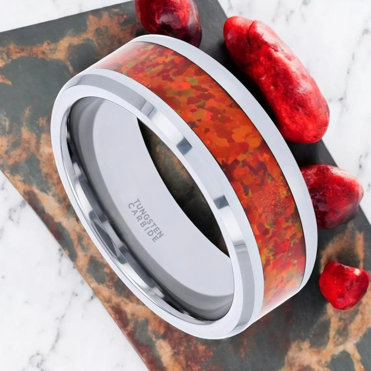 NEBULA | Silver Tungsten Ring, Red Opal Inlay, Beveled