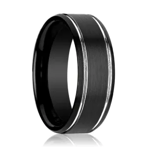 NOCTURNE | Black Tungsten Ring, Double Polished Grooves, Beveled