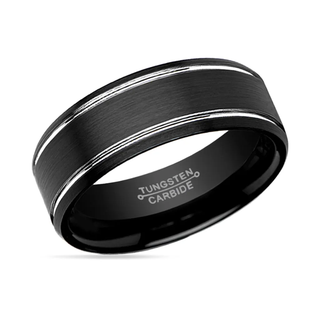 NOCTURNE | Black Tungsten Ring, Double Polished Grooves, Beveled