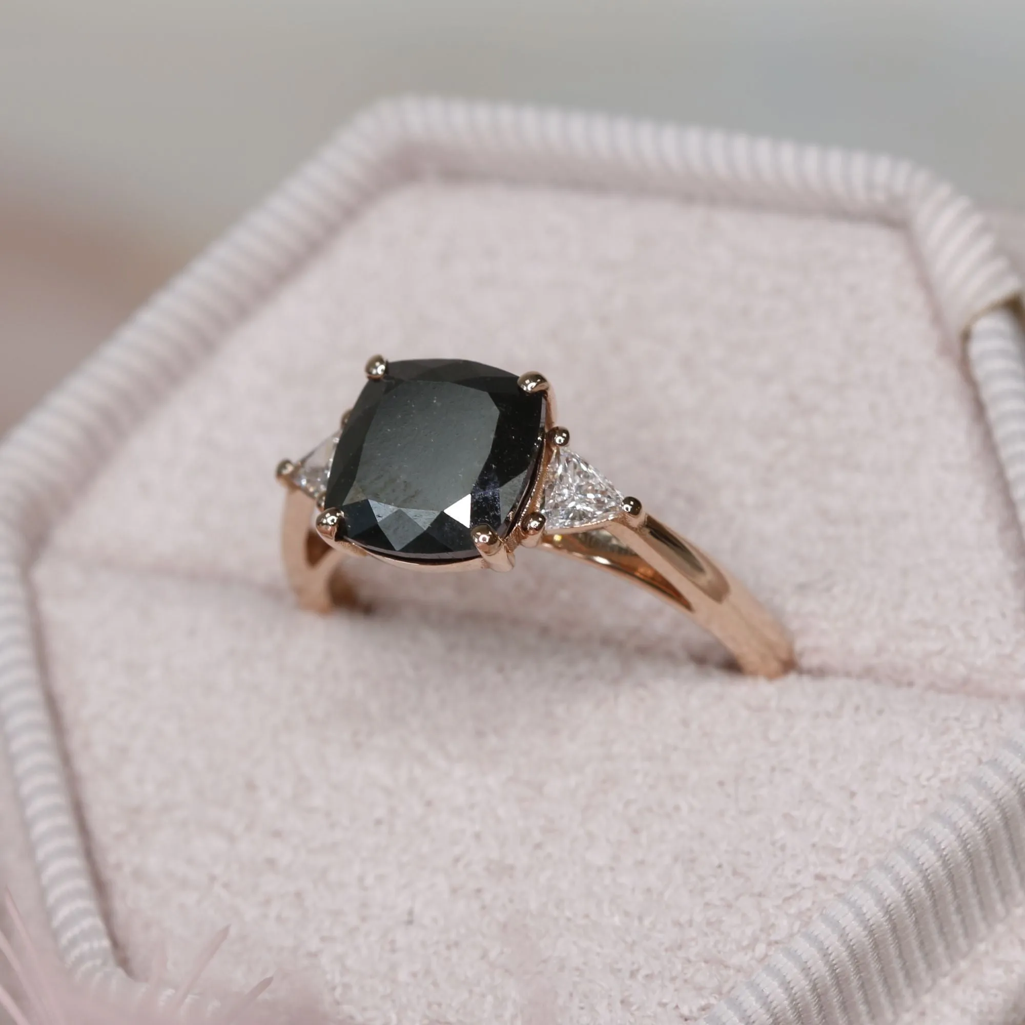 Northern Trifid  Unique  Natural Black Diamond Cushion Engagement Ring