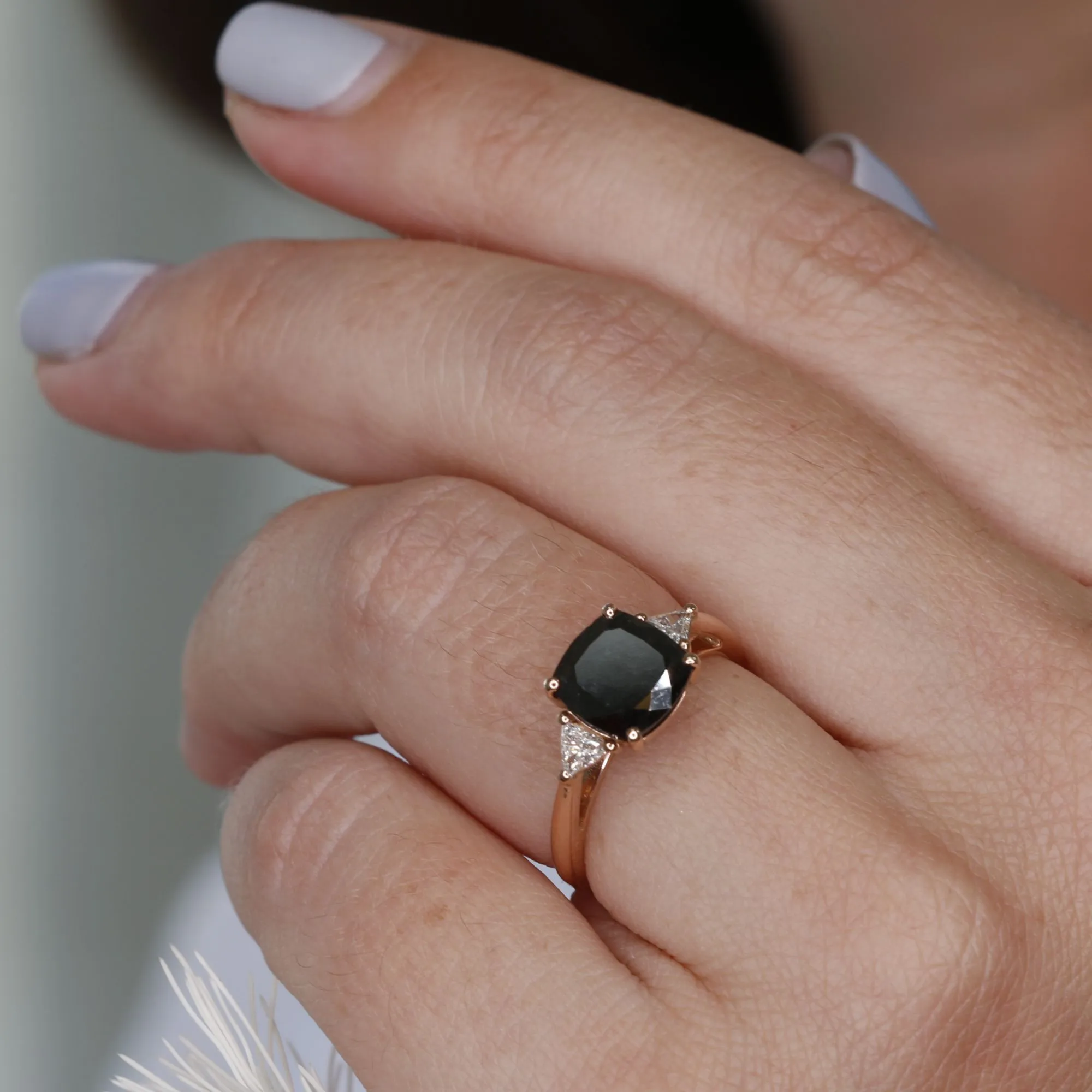 Northern Trifid  Unique  Natural Black Diamond Cushion Engagement Ring