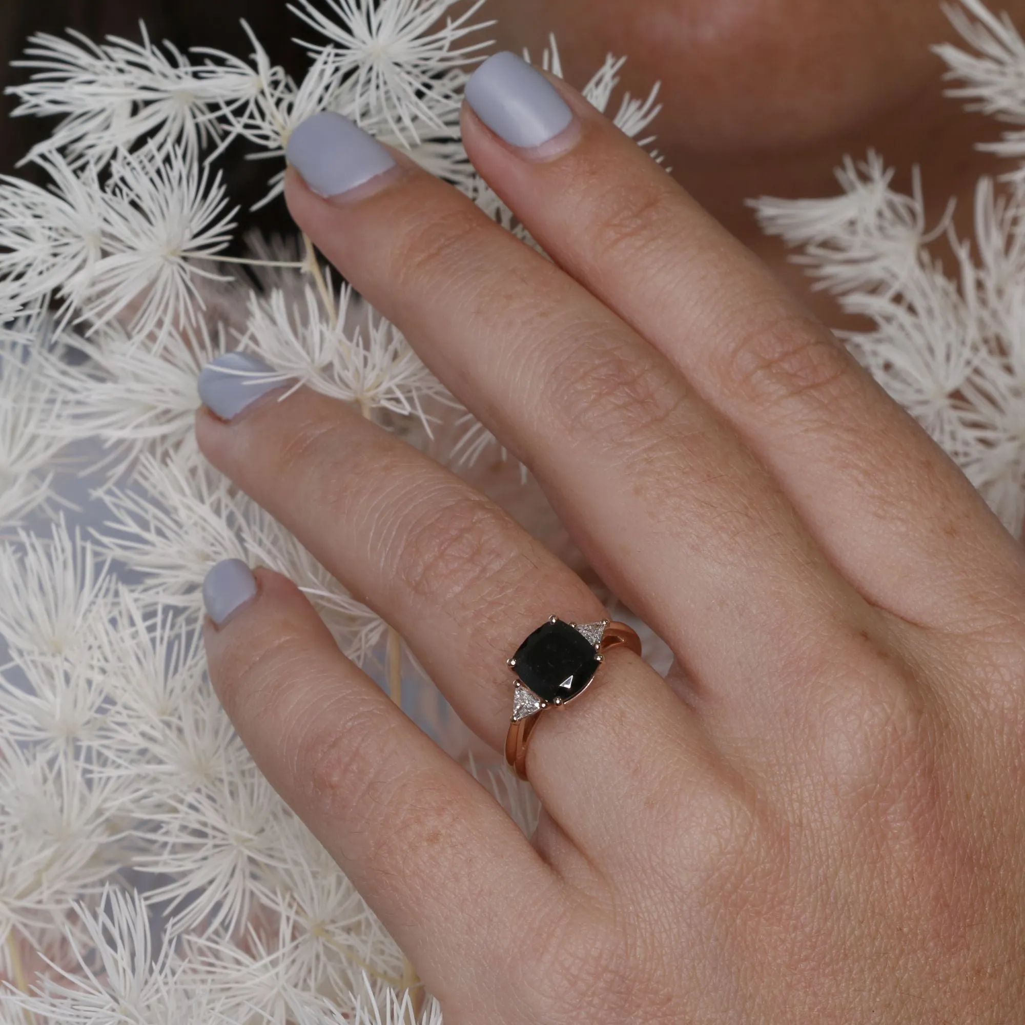 Northern Trifid  Unique  Natural Black Diamond Cushion Engagement Ring