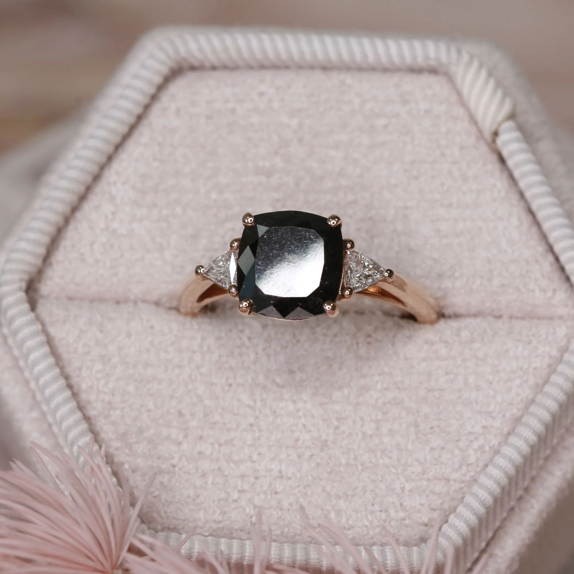 Northern Trifid  Unique  Natural Black Diamond Cushion Engagement Ring