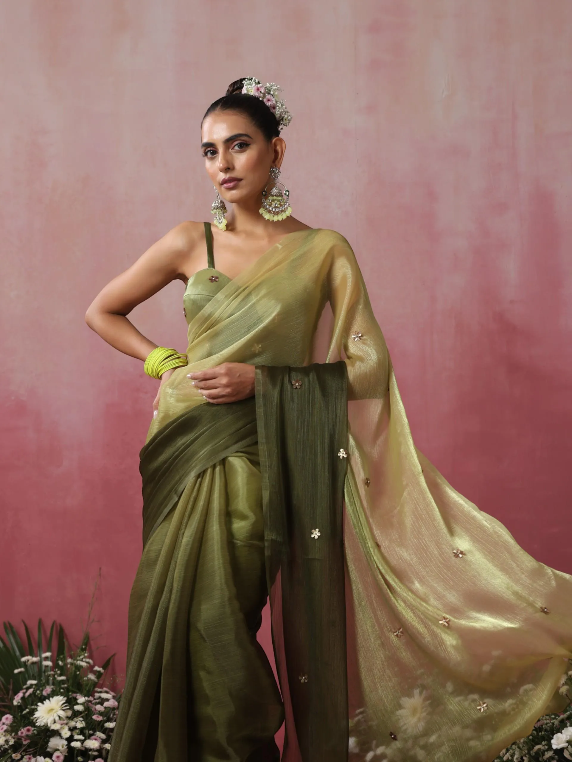 Olive Boost Ombre Organza Saree with Golden Flowers and Blouse Fabric