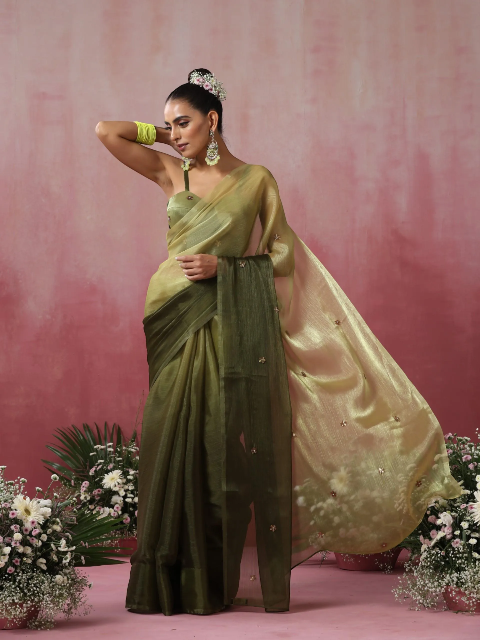 Olive Boost Ombre Organza Saree with Golden Flowers and Blouse Fabric