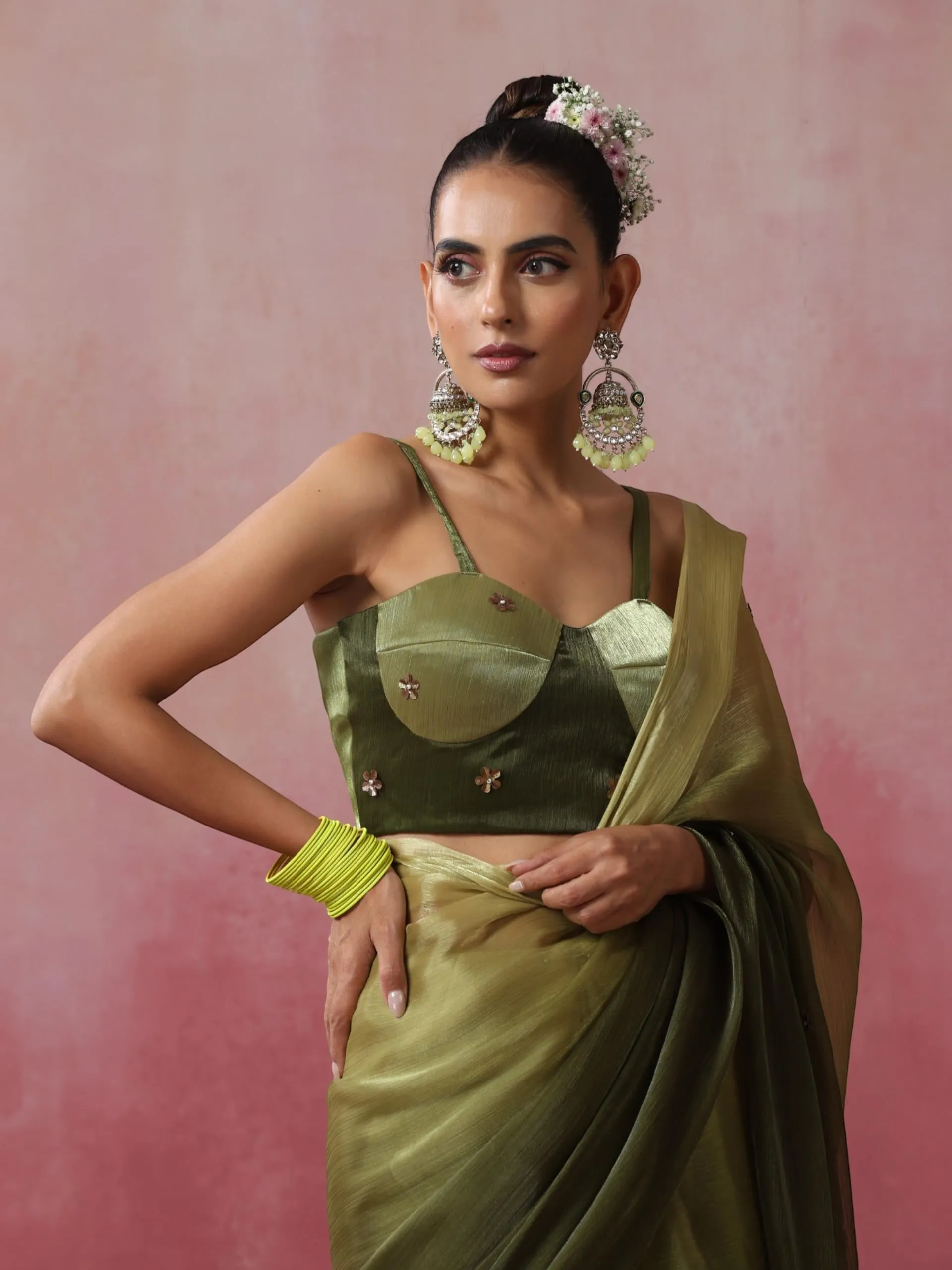 Olive Boost Ombre Organza Saree with Golden Flowers and Blouse Fabric