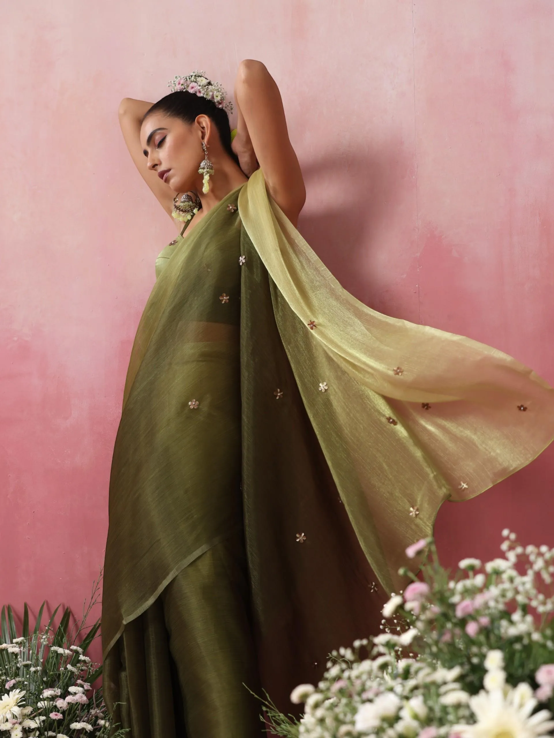 Olive Boost Ombre Organza Saree with Golden Flowers and Blouse Fabric