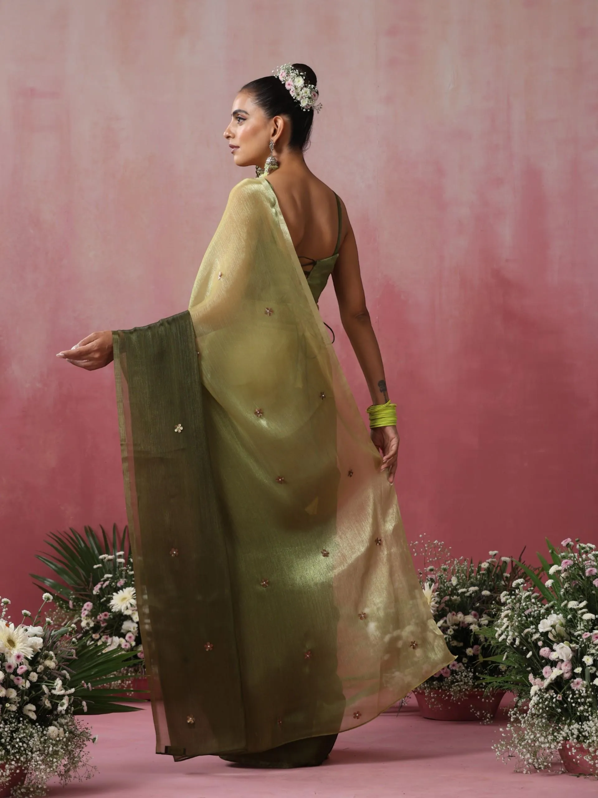 Olive Boost Ombre Organza Saree with Golden Flowers and Blouse Fabric